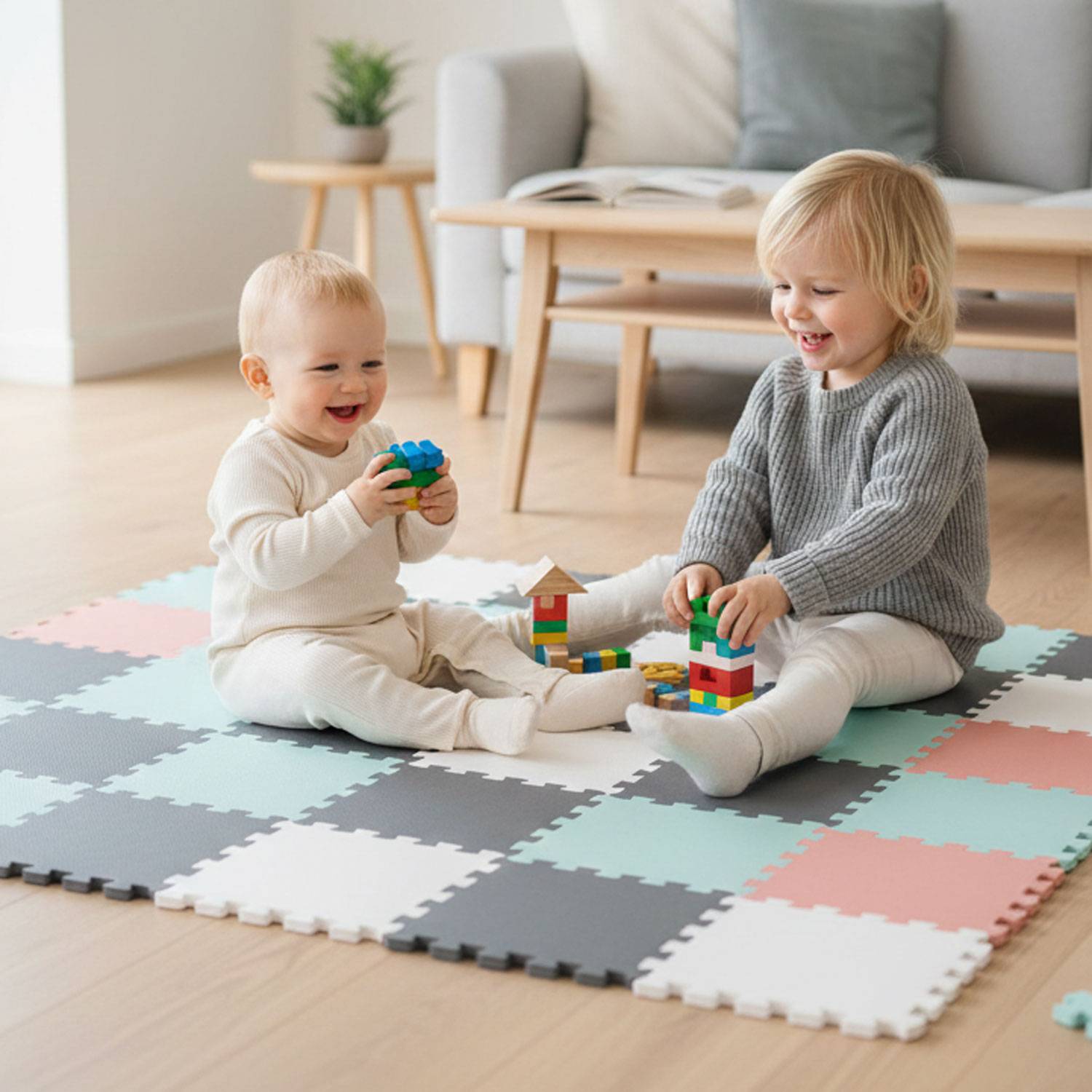 Zwei Kleinkinder sitzen auf einer bunten Spielmatte mit Bauklötzen und lächeln, während sie gemeinsam in einem hellen, gemütlichen Raum spielen.