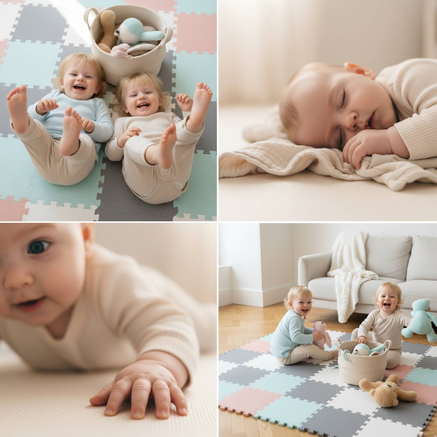 Zwei Babys spielen auf einer bunten Schaumstoffmatte mit einem Spielzeugkorb; ein anderes Baby schläft friedlich in der Nähe; gemütliche Wohnzimmerkulisse im Hintergrund.