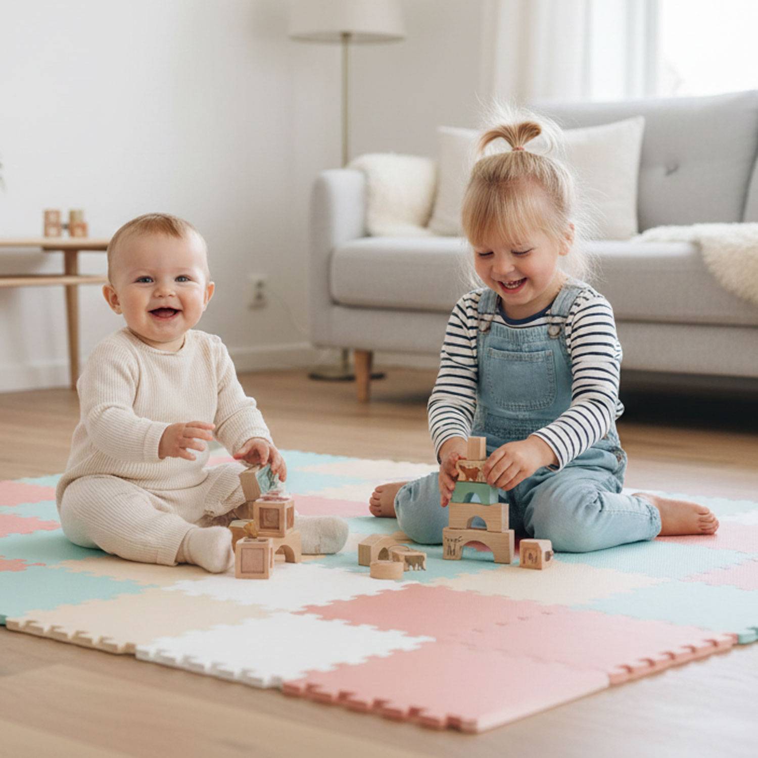 Zwei kleine Kinder spielen mit Holzklötzen auf einer bunten Schaumstoffmatte im Wohnzimmer. Sie lächeln und interagieren miteinander.