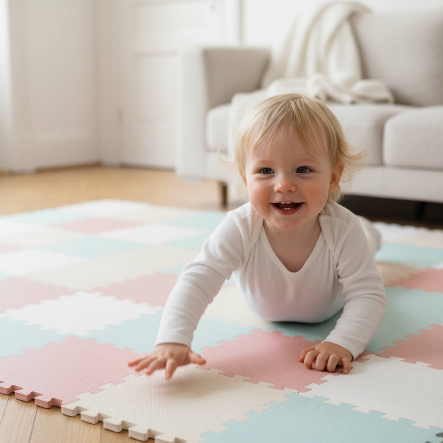 Ein Kleinkind in weißer Kleidung kriecht auf einer pastellfarbenen Schaumstoffmatte in einem hellen Wohnzimmer und lächelt, wobei eine Couch im Hintergrund zu sehen ist.