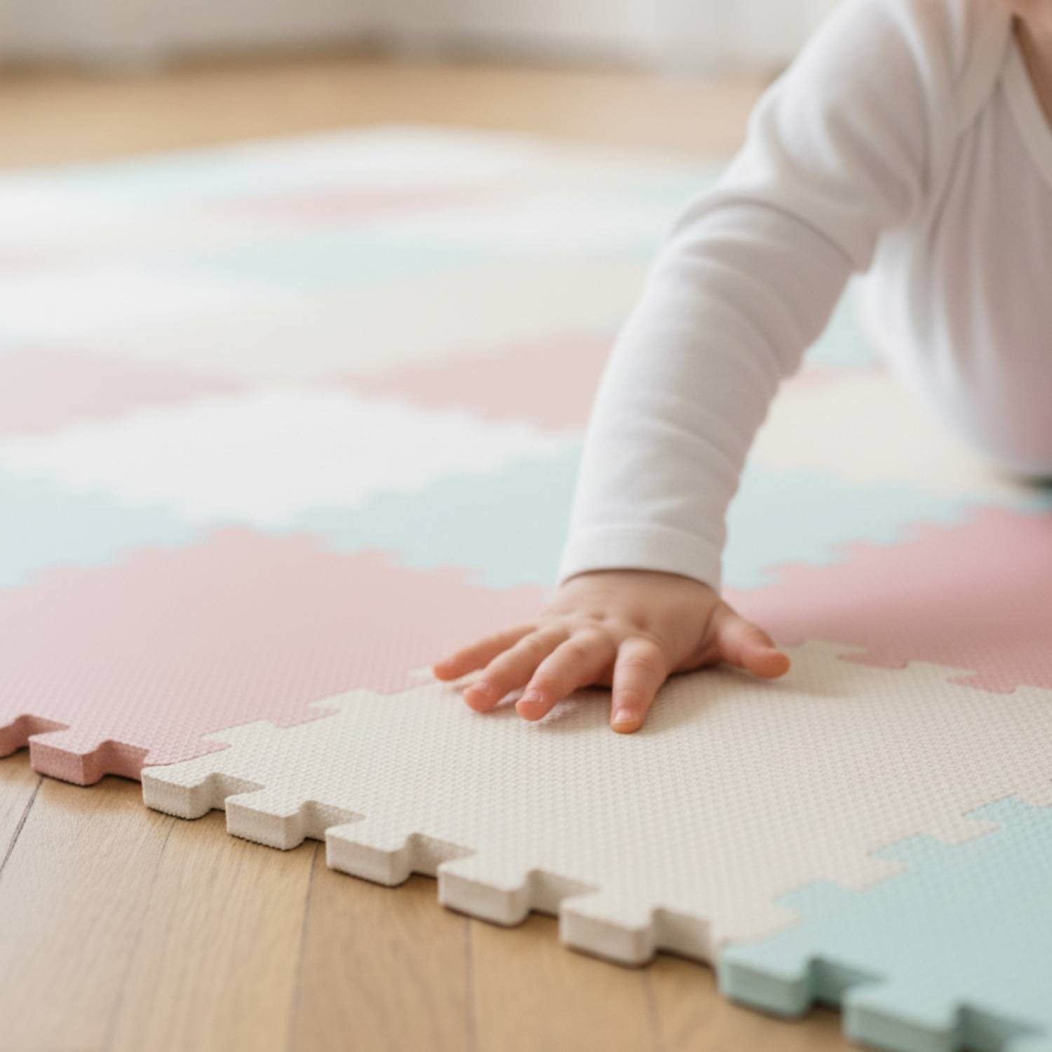 Ein Baby in einem weißen Outfit spielt auf einer pastellfarbenen Schaumstoff-Puzzlematte auf einem Holzboden und konzentriert sich dabei auf ein Puzzleteil mit seiner Hand.