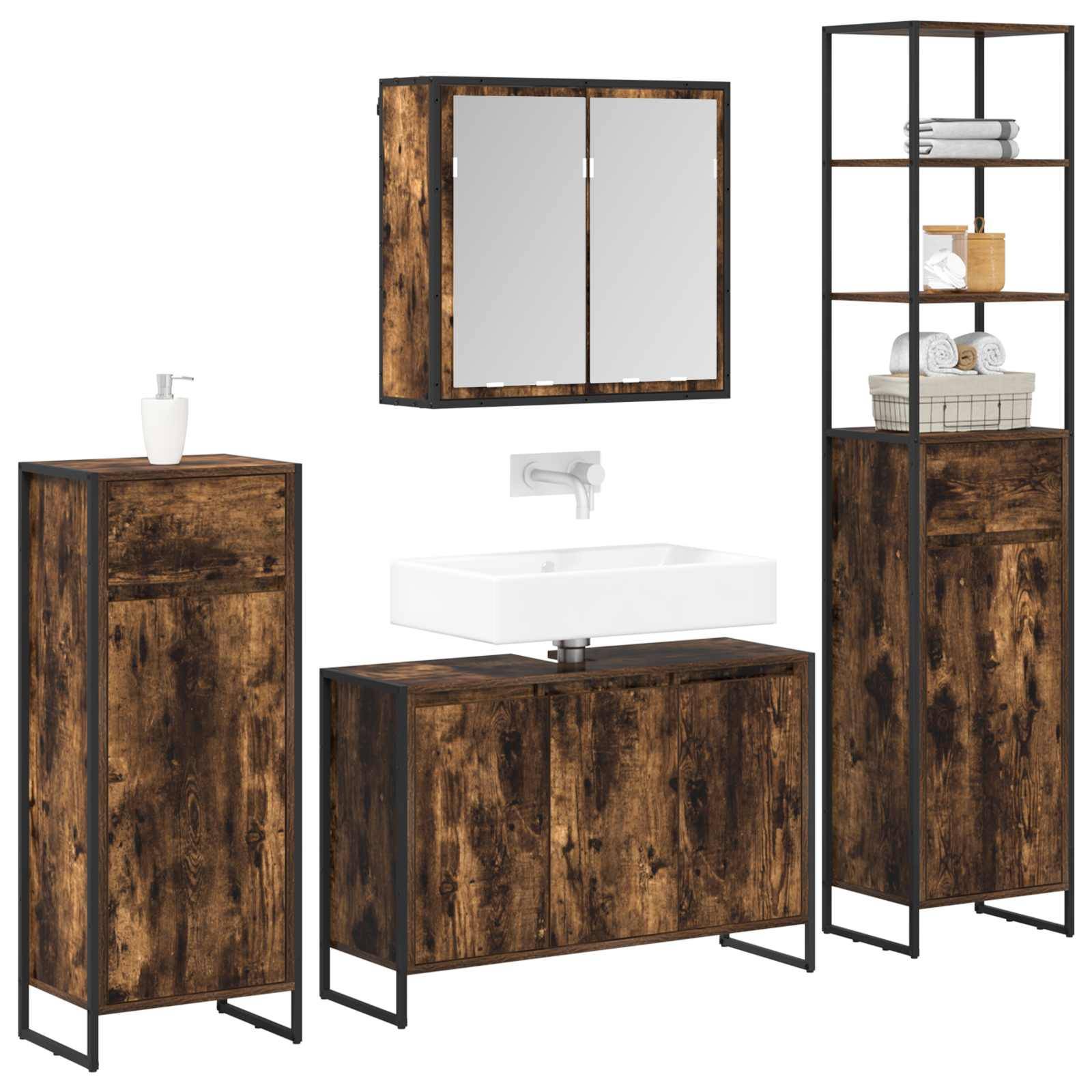 Badeset mit rustikaler Holzoptik: wandmontierter Spiegelschrank, freistehendes Regal mit Handtüchern, Waschbecken mit Unterschrank und Seifenspender.