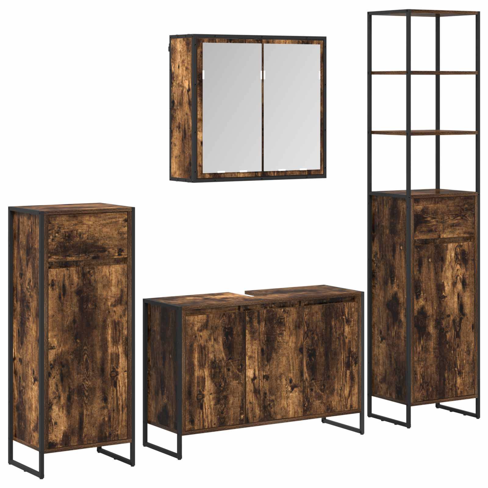 Hoher Schrank, Sideboard, Regaleinheit und Wandschrank mit Spiegel, alle mit rustikaler Holzoberfläche und schwarzen Metallrahmen.