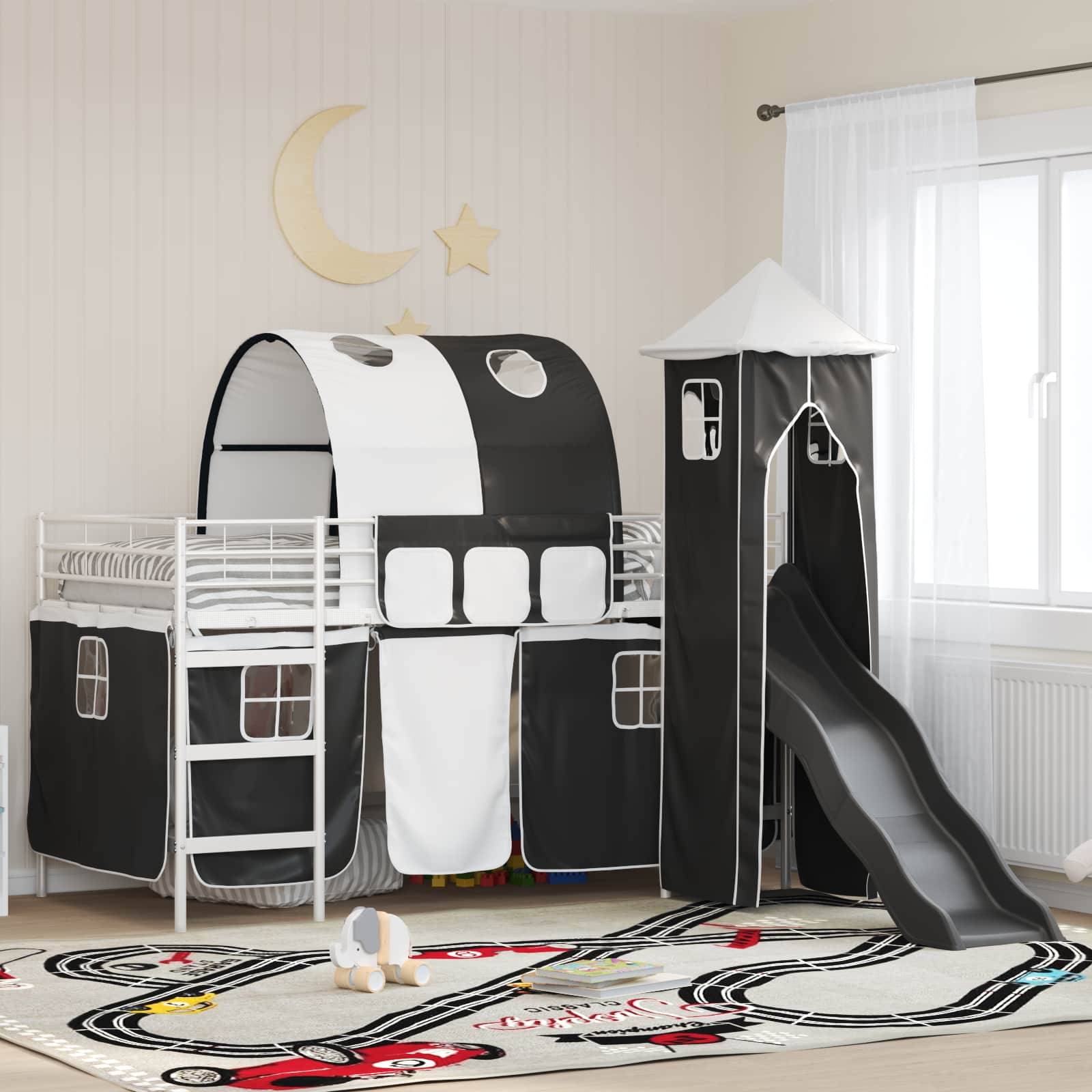 vidaXL Kinderloftbett Uni Weiß und Schwarz 90 x 200 cm Metall