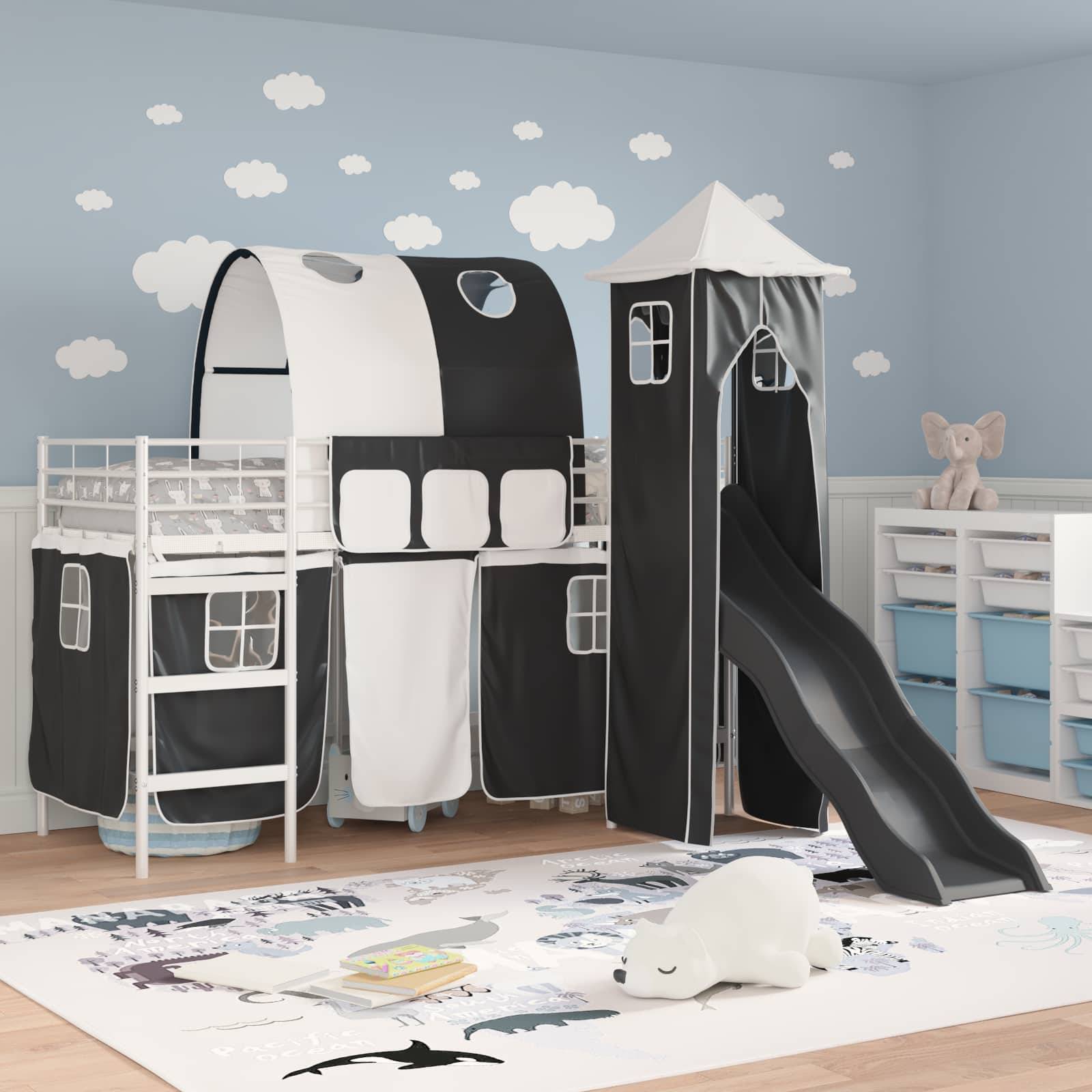 vidaXL Kinderloftbett Uni Weiß und Schwarz 90 x 190 cm Metall