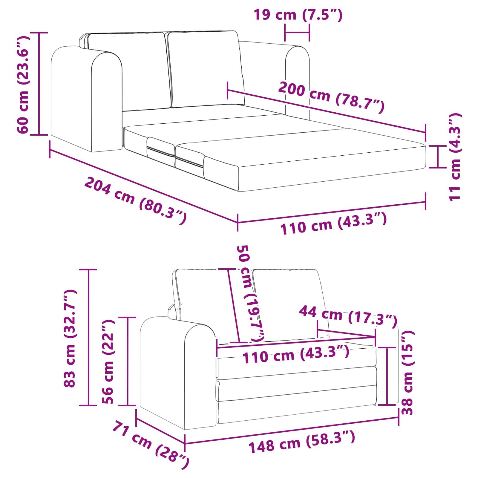 Darstellung einer Schlafsofa-Verwandlung. Maße in Zentimetern und Zoll gekennzeichnet. Sofa: 148 cm breit, 83 cm hoch. Bett: 204 cm lang, 60 cm hoch.