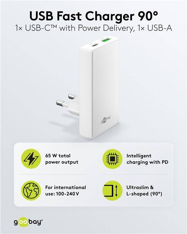 GaN USB-Ladegerät, 1 USB-C mit Power Delivery, 1 USB-A. Eigenschaften: 65W Ausgang, internationale Nutzung (100-240V), ultraflaches L-förmiges Design.