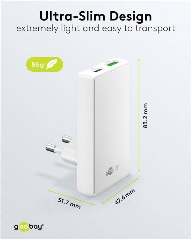 Ein weißer USB-Ladegerät mit Abmessungen von 83,2 mm x 51,7 mm x 47,6 mm wird gezeigt; er wiegt 86 Gramm und ist mit dem Schriftzug 'goobay' und einem Blatt-Symbol gekennzeichnet.