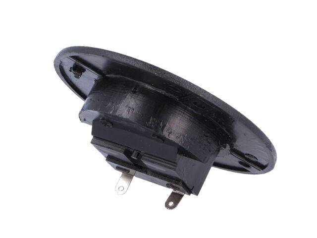 Rückansicht eines schwarzen runden elektrischen Steckers mit zwei Stiften und einer Montagebasis.