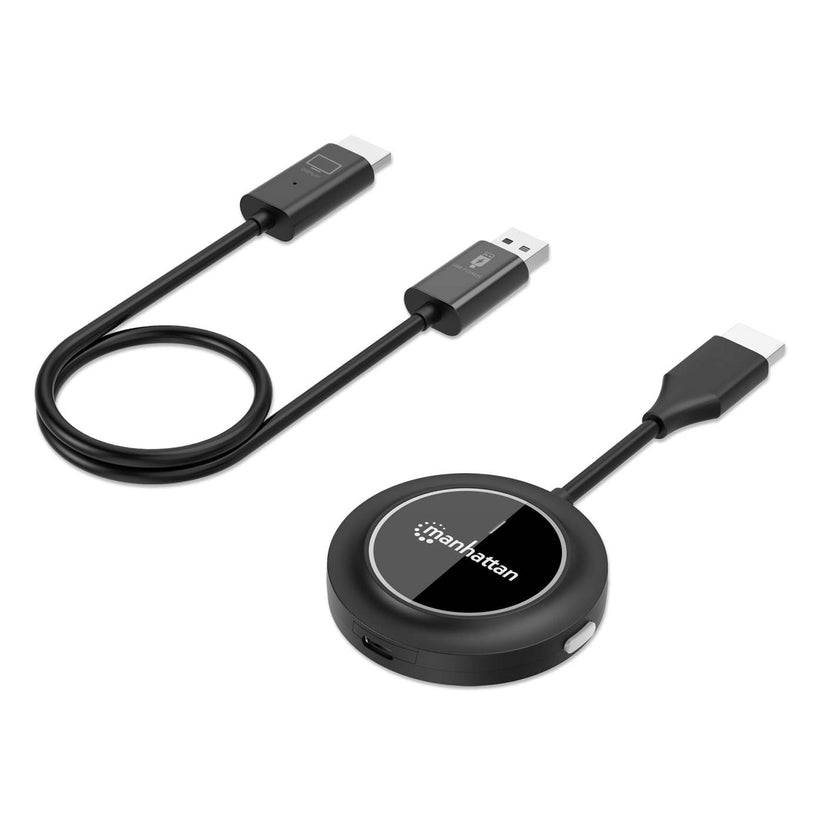 Schwarzes USB-Kabel und runder Manhattan-Adapter mit zwei USB-A-Anschlüssen und einem USB-C-Anschluss auf weißem Hintergrund.
