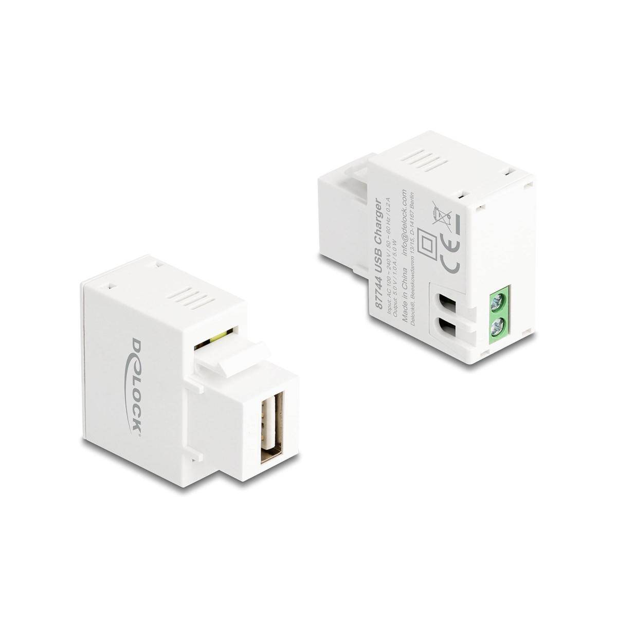 Zwei weiße USB-Ladegerätmodule auf neutralem Hintergrund gezeigt, eine Vorderansicht und eine gewinkelte Ansicht, um Beschriftung und Anschlussanschlüsse zu zeigen.