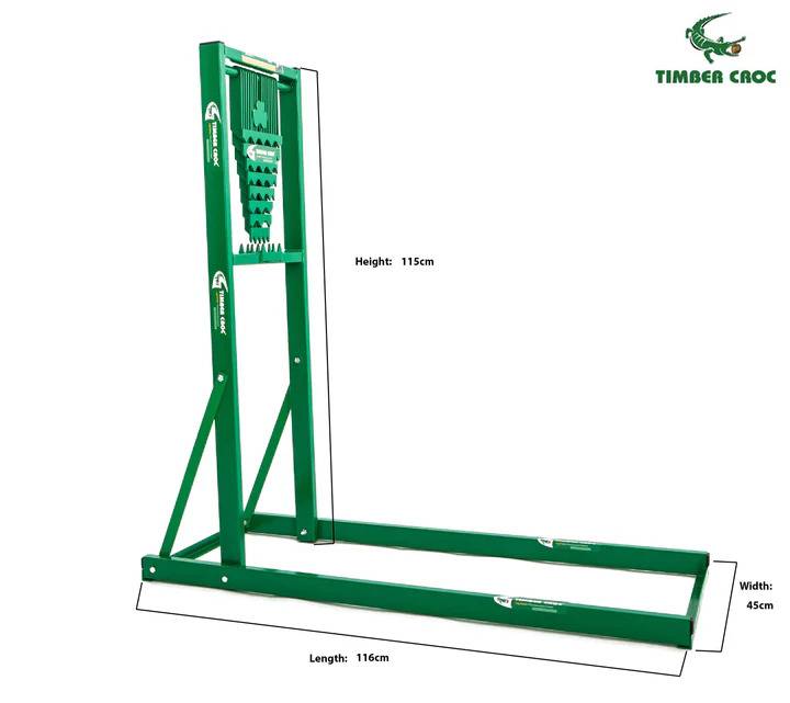 Ein grüner Holz-Kreissägeständer mit beschrifteten Abmessungen: Höhe 115 cm, Länge 116 cm. Er verfügt über einen stabilen Rahmen und einen Sägeaufbewahrungsbereich.