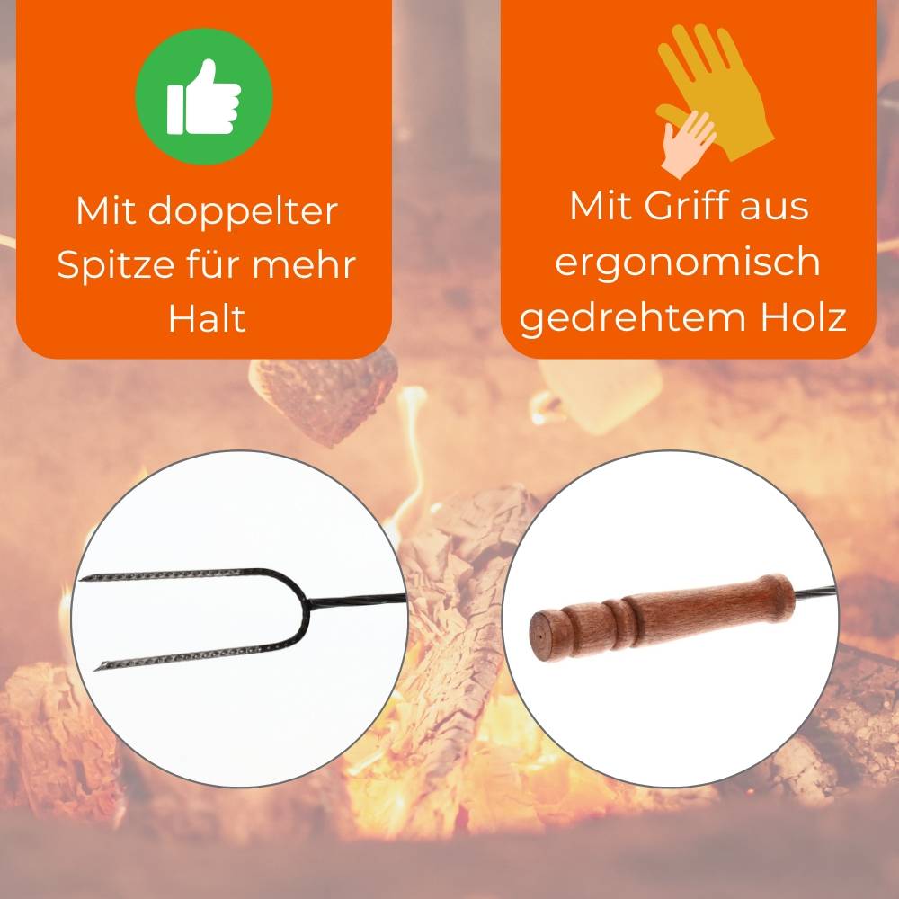 Eine Lagerfeuer-Bratgabel mit einer Doppelzinke für besseren Halt und einem ergonomischen Holzgriff.