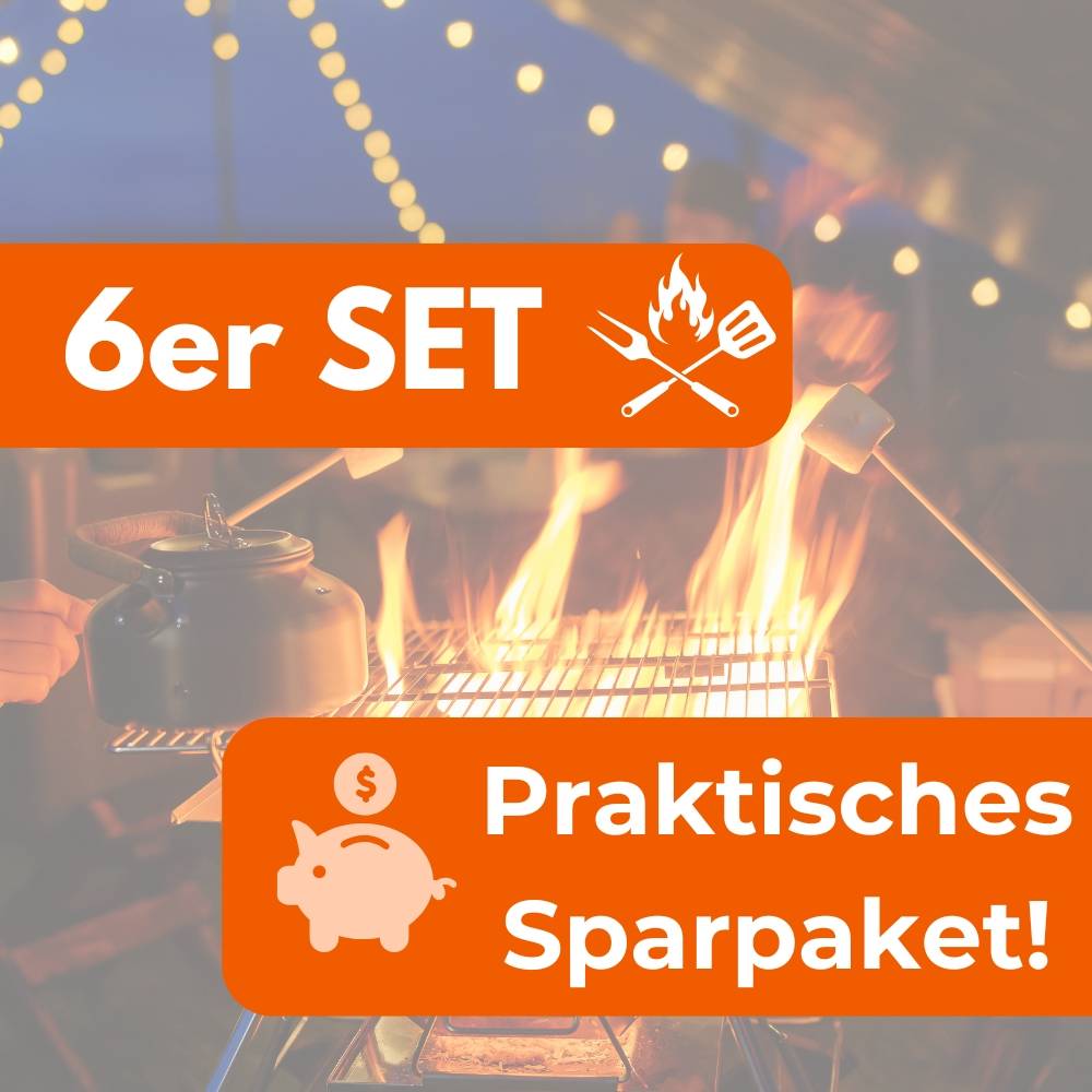Menschen, die Essen an einem Lagerfeuer unter Lichterketten grillen. Text: '6er SET' mit Grillsymbolen, 'Praktisches Sparpaket' mit Sparschwein-Symbol.