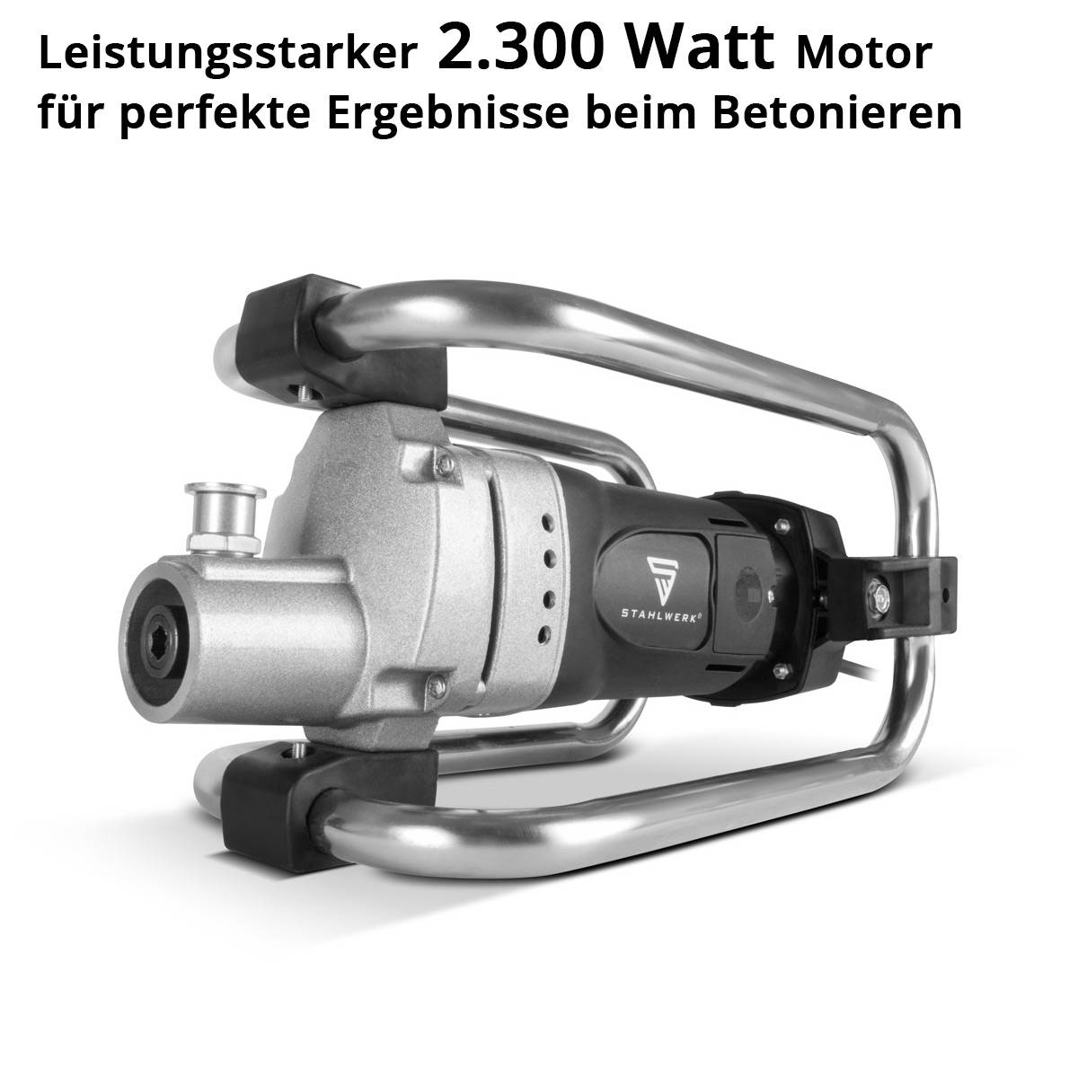 Leistungsstarker 2.300 Watt Motor für perfekte Ergebnisse beim Betonieren. Silberner Motor mit einem Schutzrahmen, der speziell für Betonarbeiten entwickelt wurde.