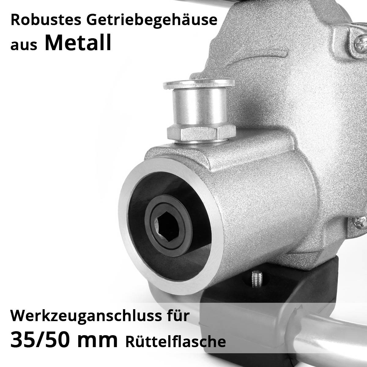 Robuster Metallgetriebe auf der oberen linken Seite. Detailaufnahme eines metallischen Werkzeugteils. Text unten: 