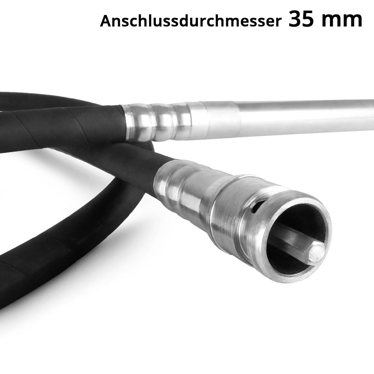 Hydraulikschlauch mit Stahlarmatur, Anschlussdurchmesser 35 mm, vor weißem Hintergrund.