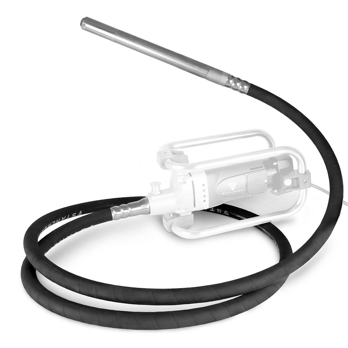 Betonrüttler mit einem langen flexiblen Schlauch und einem metallenen Vibrationskopf, der zum Verdichten von Beton in Bauprojekten verwendet wird.