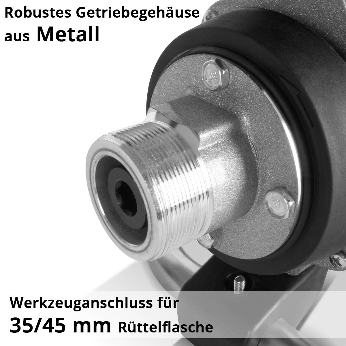 Robustes Getriebegehäuse aus Metall. Werkzeuganschluss für 35/45 mm Rüttelflasche.