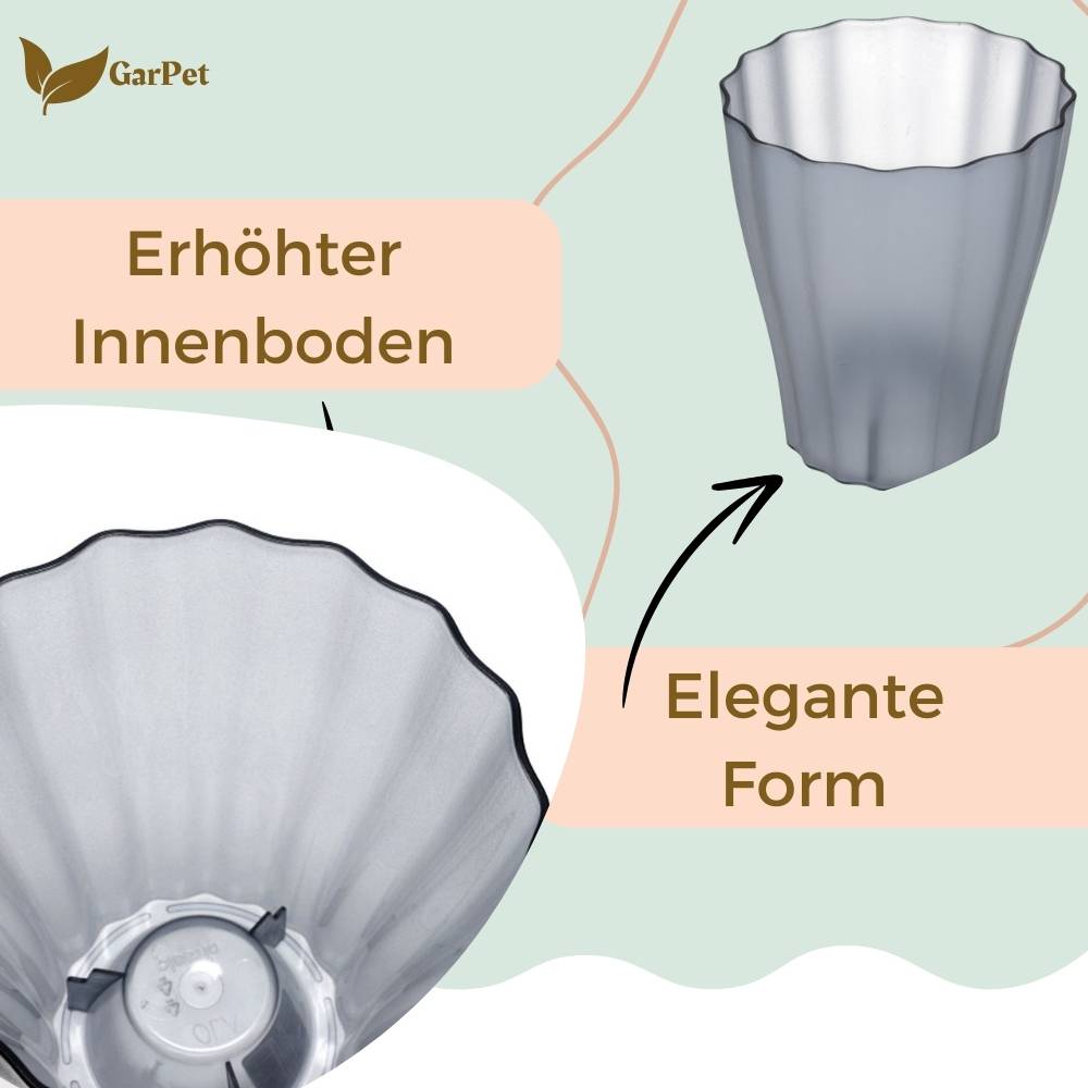 GarPet Pflanzgefäß' mit 'Erhöhtem Innenboden', der einen angehobenen Bodenbereich anzeigt, und 'Eleganter Form', die eine elegante Gestaltung beschreibt.