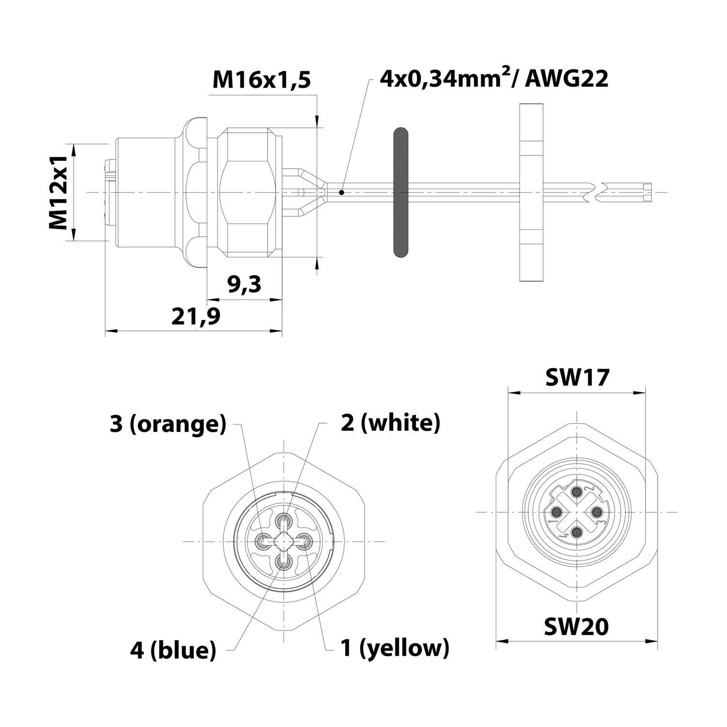 HARTING M12 Wanddurchführung D-Kodiert Buchse gerade, 4-polig 50V, 4A - 1 Stück