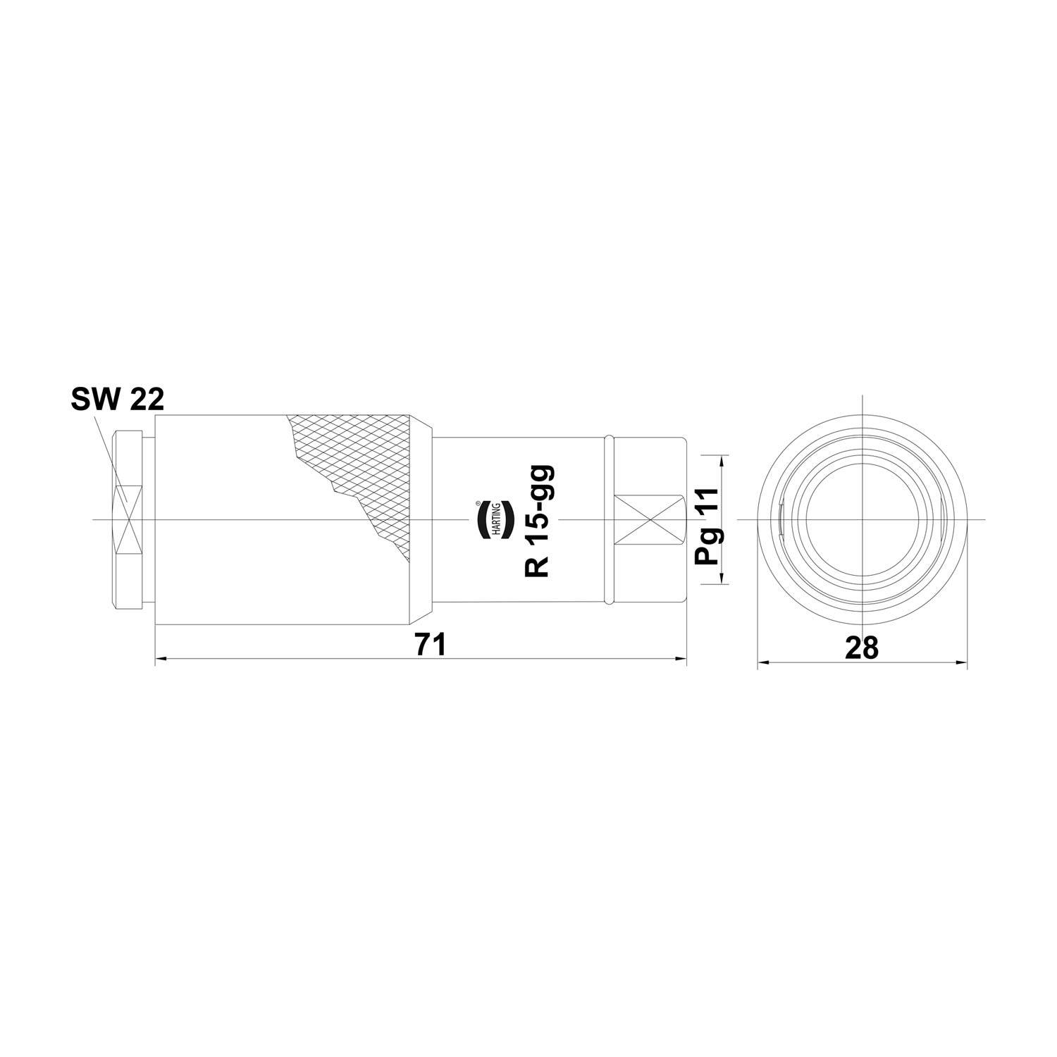 HARTING R15 Kabelsteckverbinder gerade Stift / Buchse Kabelabgang gerade PG11x1,41, Klemmbereich 4,0mm - 10,0mm Maße
