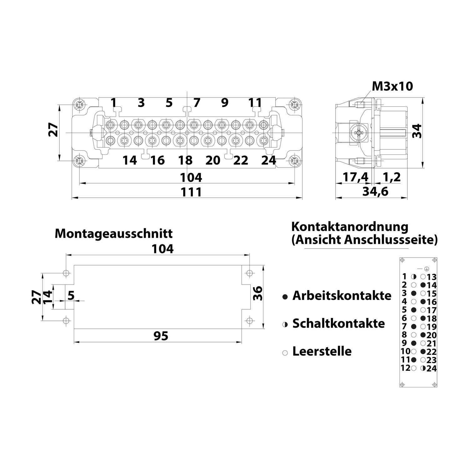 HARTING Han 10HvE mit 2 Schaltkontakte Buchseneinsatz (F) Schraubanschluss, 12-polig 10/2+PE 830V - 500V Steuerkontakt,