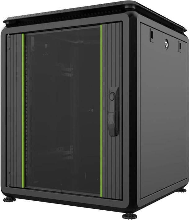 Ein schwarzer Server-Rack-Schrank mit einer durchsichtigen Fronttür, hervorgehoben durch grüne Akzente und mit einem Schloss auf der rechten Seite.