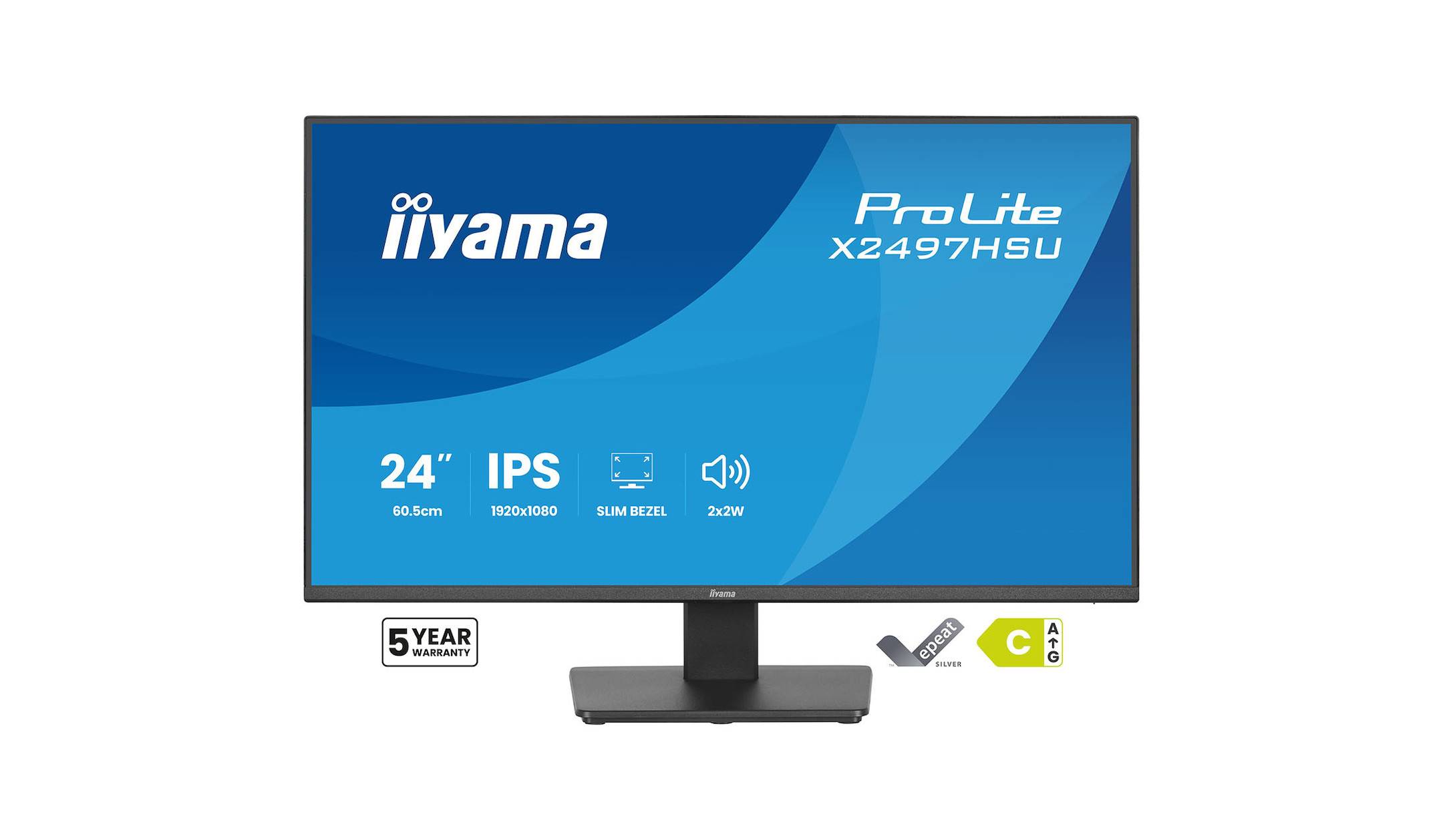 Ein 24-Zoll-Iiyama-ProLite-X2497HSU-Monitor-Display mit Produktfunktionen wie IPS-Panel, 1920x1080-Auflösung und schmalem Rahmen.