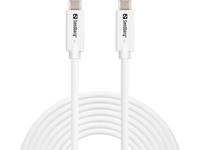 Ein aufgerolltes weißes USB-C-auf-USB-C-Kabel mit Steckern, die mit 