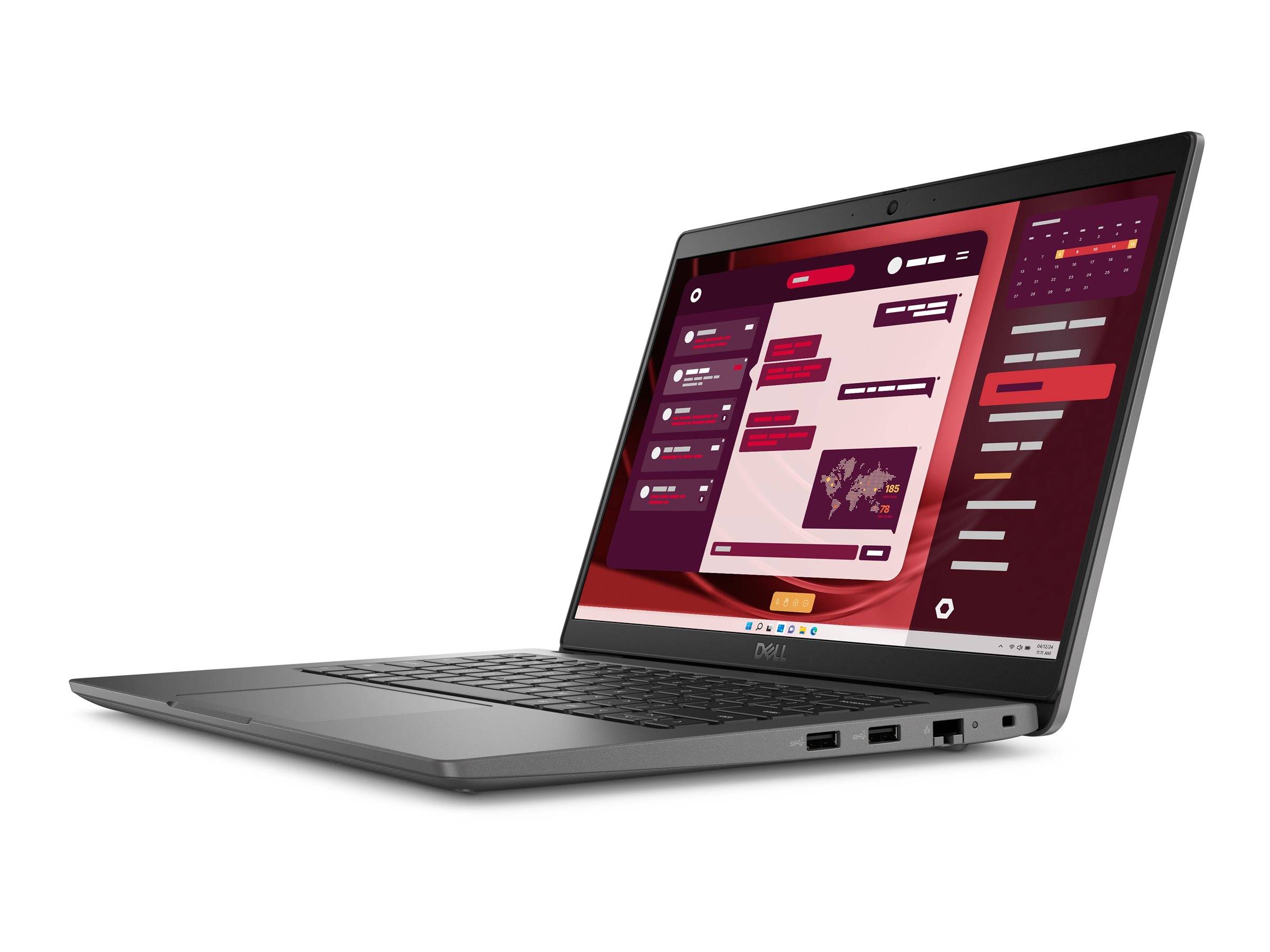 Ein Laptop mit einer rot gestalteten Benutzeroberfläche auf dem Bildschirm, der ein Dashboard mit mehreren Widgets einschließlich einer Karte und verschiedenen Grafiken zeigt.