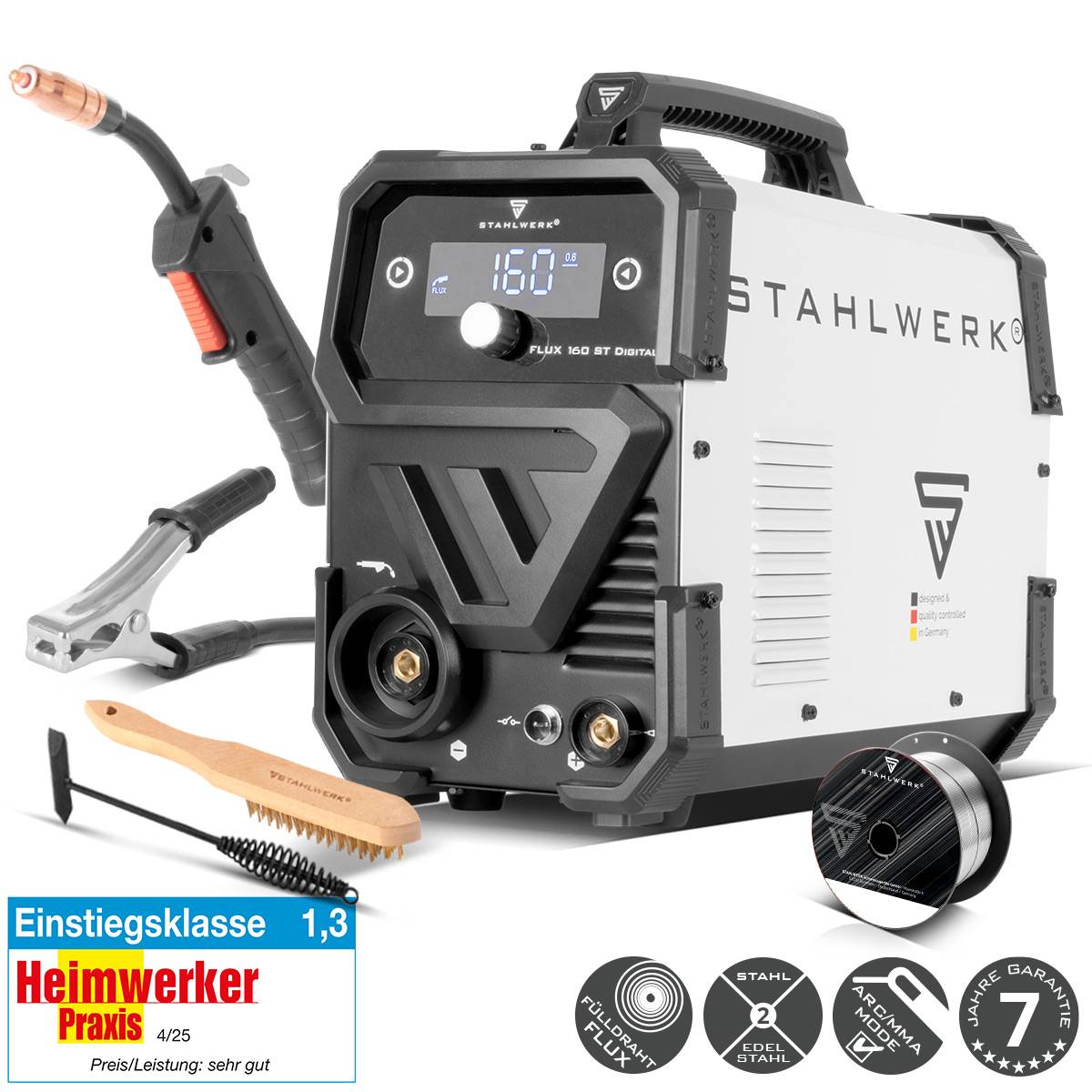 STAHWERK' Schweißgerät mit digitaler Anzeige, die '160' zeigt. Enthält Schweißbrenner, Maske und Zubehör. 'Heimwerker Praxis' Bewertung: 1,3.