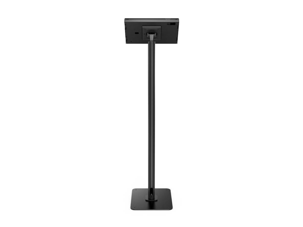 Schwarze freistehende Displayhalterung mit vertikalem Pol und quadratischer Basis, gezeigt auf einfachem weißem Hintergrund.