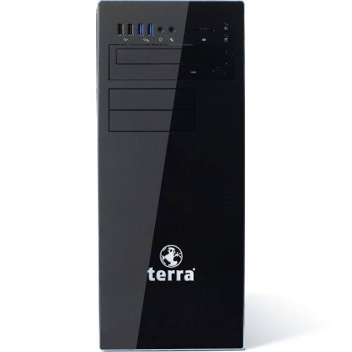 Ein schlanker schwarzer Desktop-Computerturm mit dem 'terra' Logo und mehreren USB-Anschlüssen auf der oberen linken Seite.