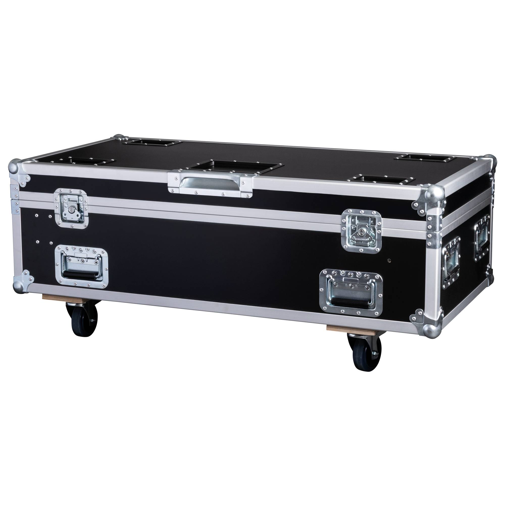 Ein schwarzer und silberner Ausrüstungskoffer auf Rollen, geschlossen und darauf ausgelegt, empfindliche Ausrüstung sicher zu transportieren.
