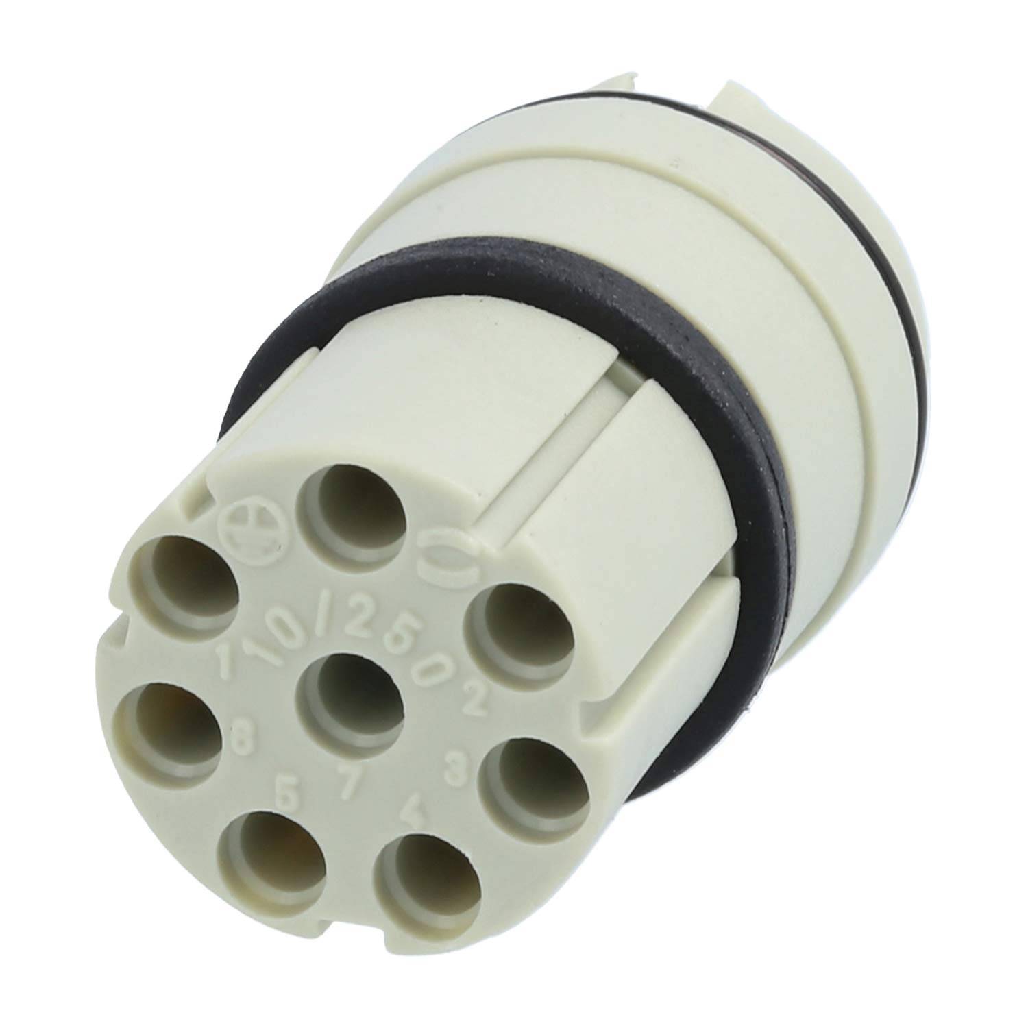 Ein zylindrischer weißer Elektrostecker mit mehreren runden Stiften, beschriftet mit Zahlen und dem Text „10/250", entwickelt für sichere Verbindungen.