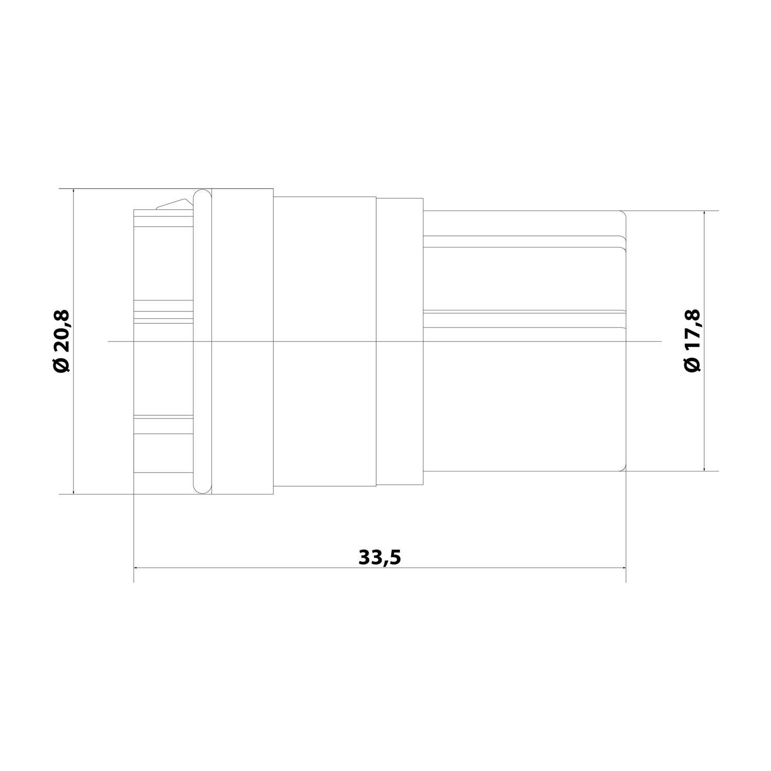 Ein technisches Diagramm einer zylindrischen Komponente mit den Abmessungen: Länge 33,5 mm, Durchmesser 20,8 mm auf einer Seite und 17,8 mm auf der anderen Seite.
