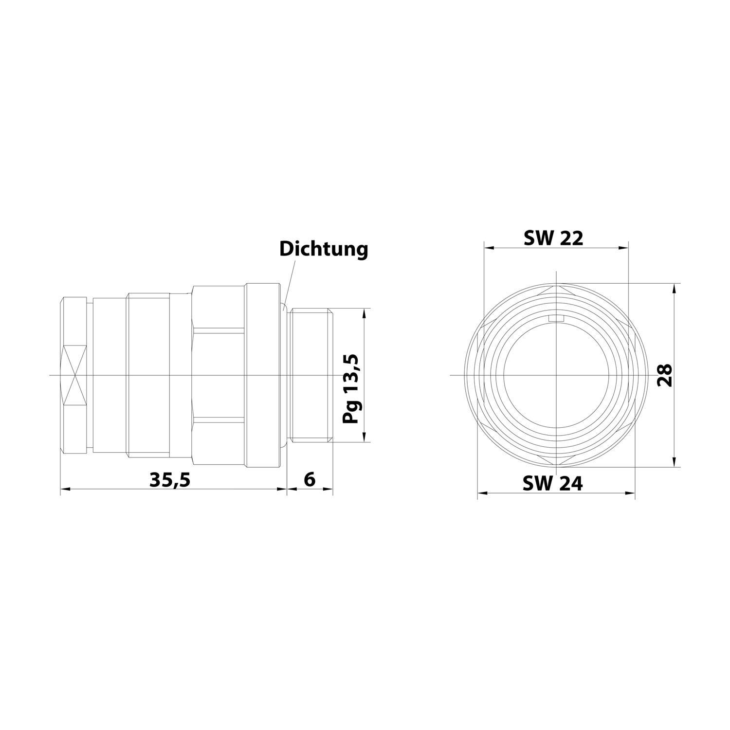 Technische Zeichnung eines zylindrischen Verbindungsteils mit Abmessungen: Länge 35,5 mm, Gesamtbreite 28 mm, und enthält eine Dichtung mit der Bezeichnung „Dichtung".