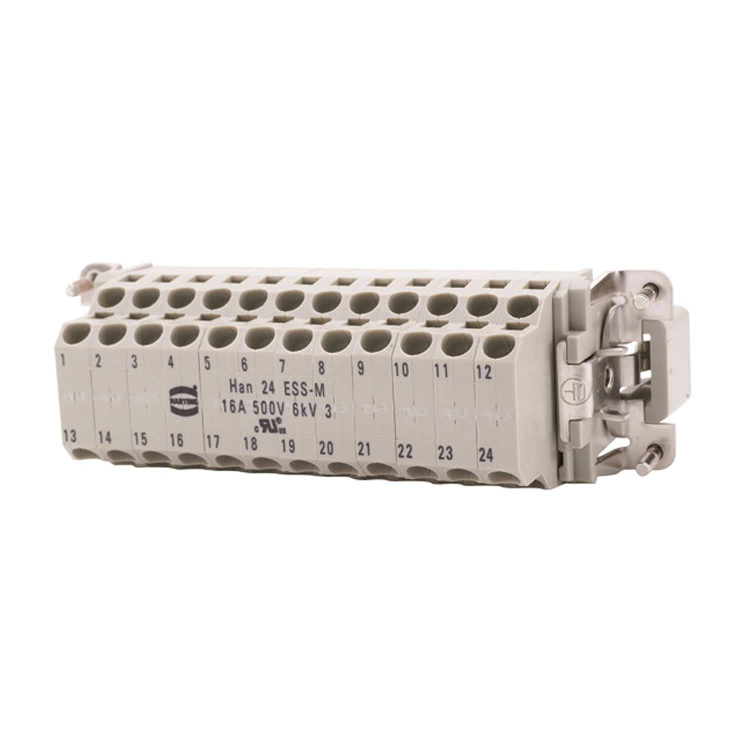 Ein rechteckiger elektrischer Verbindungsblock mit nummerierten Anschlüssen von 1 bis 24, mit der Bezeichnung „Han 24 ESS-M", 16A, 500V, 6kV 3.