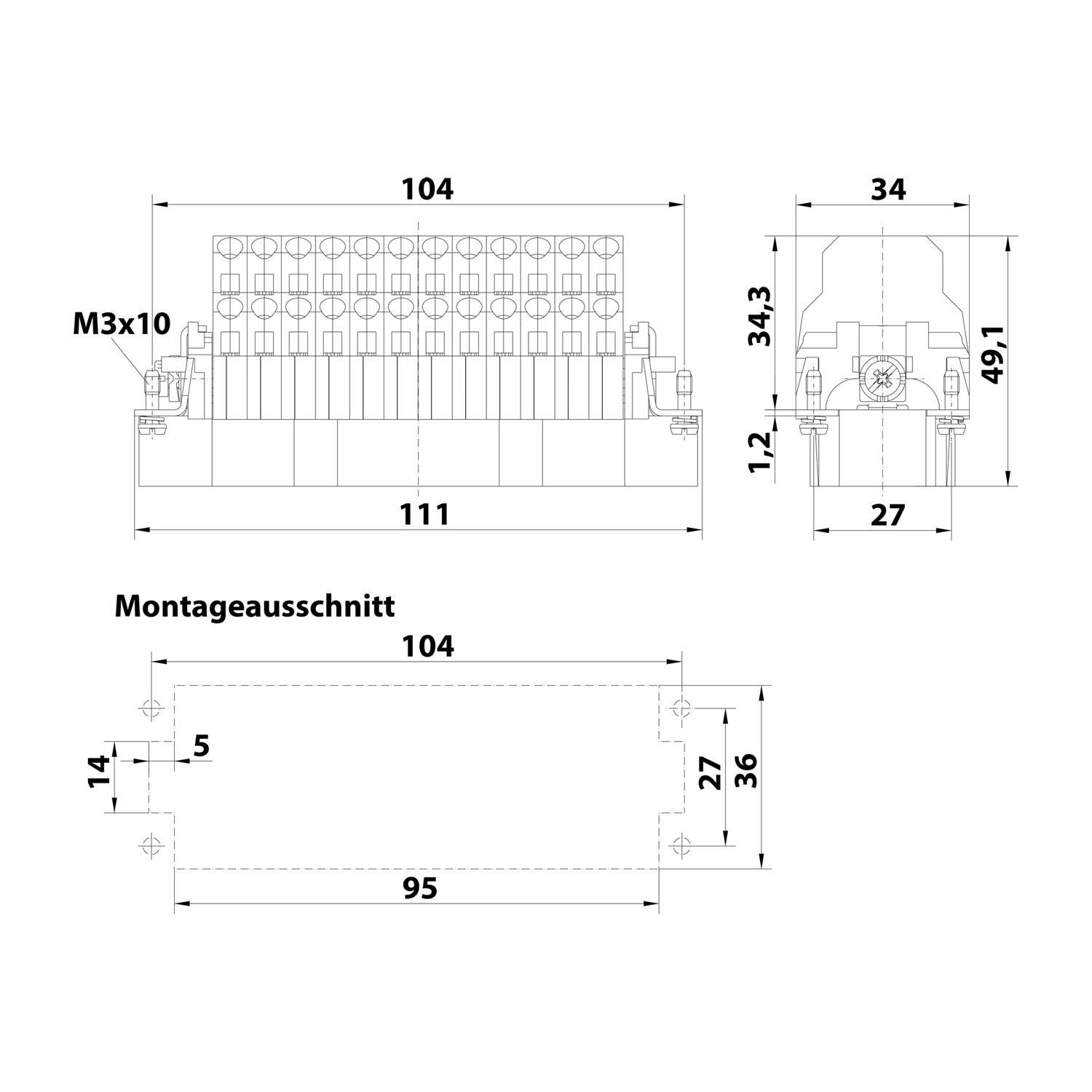 Technisches Diagramm eines Steckers mit einer Breite von 104 mm und einer Höhe von 34 mm. Beschriftung: Montageausschnitt. Wichtige Abmessungen: M3x10, 111 mm Gesamtbreite.