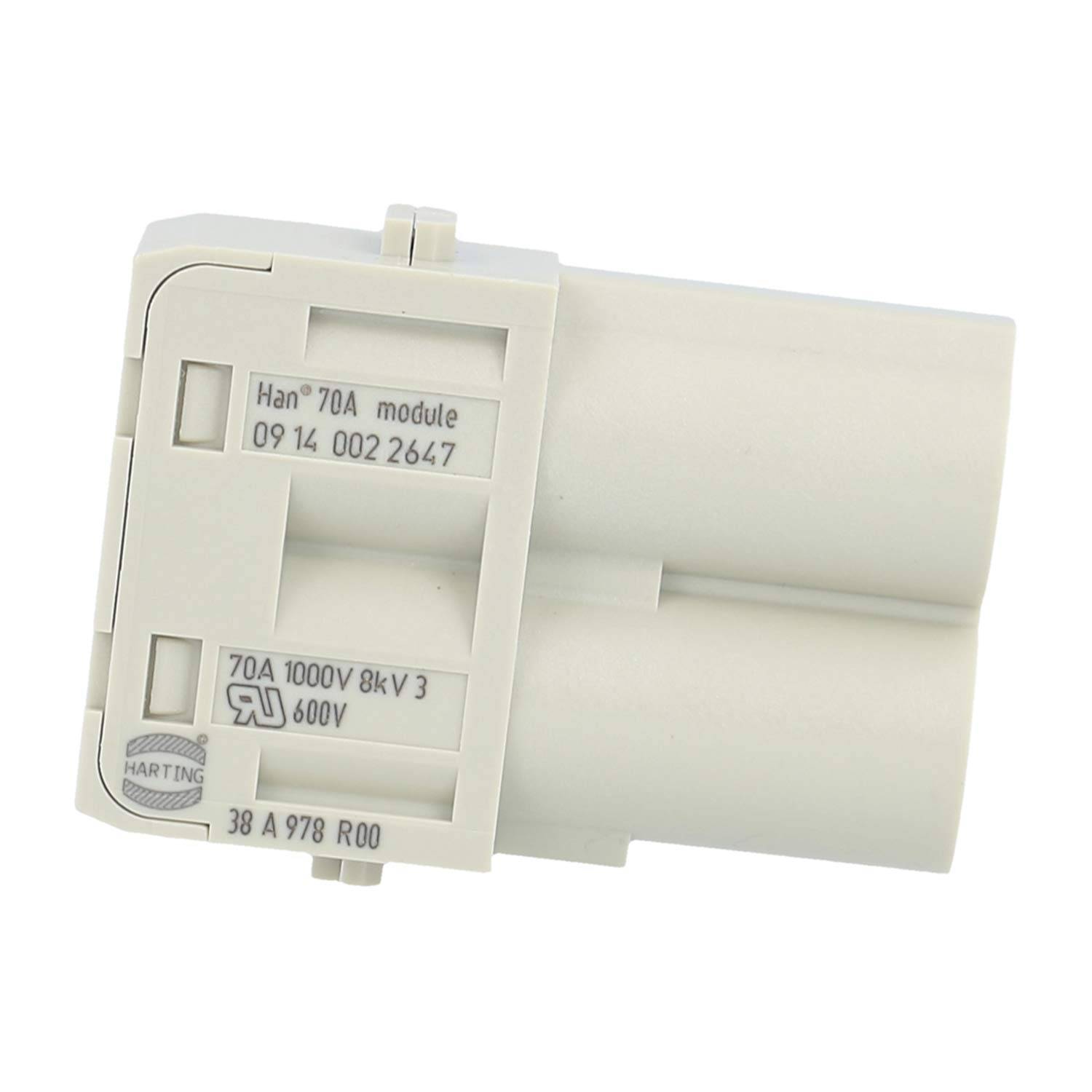 Ein weißes Elektrosteckverbindermodul mit der Bezeichnung "Han 70A"", bewertet mit ""70A 1000V"" und gekennzeichnet mit ""HARTING"", für industrielle Anwendungen verwendet.
