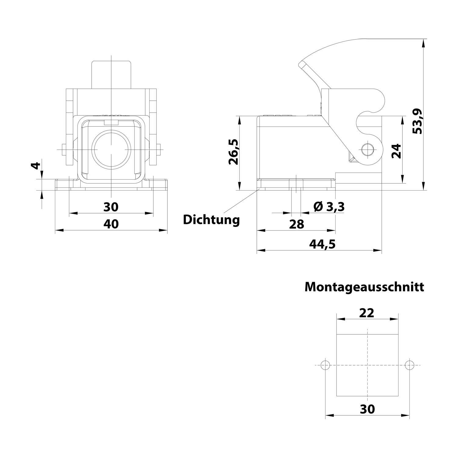 Technische Zeichnung einer Montageklammer mit Abmessungen. Seitenansicht zeigt Höhe 53,9, Breite 44,5. Vorderansicht Breite beträgt 40 und 30. Enthält zusätzliche Messungsdetails.