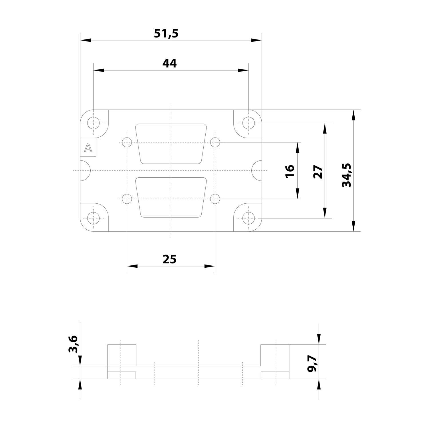 Technische Zeichnung eines mechanischen Teils mit Abmessungen: 51,5 mm Breite, 34,5 mm Höhe, 25 mm Mittelbereite, Seitenansichten zeigen 3,6 mm und 9,7 mm.