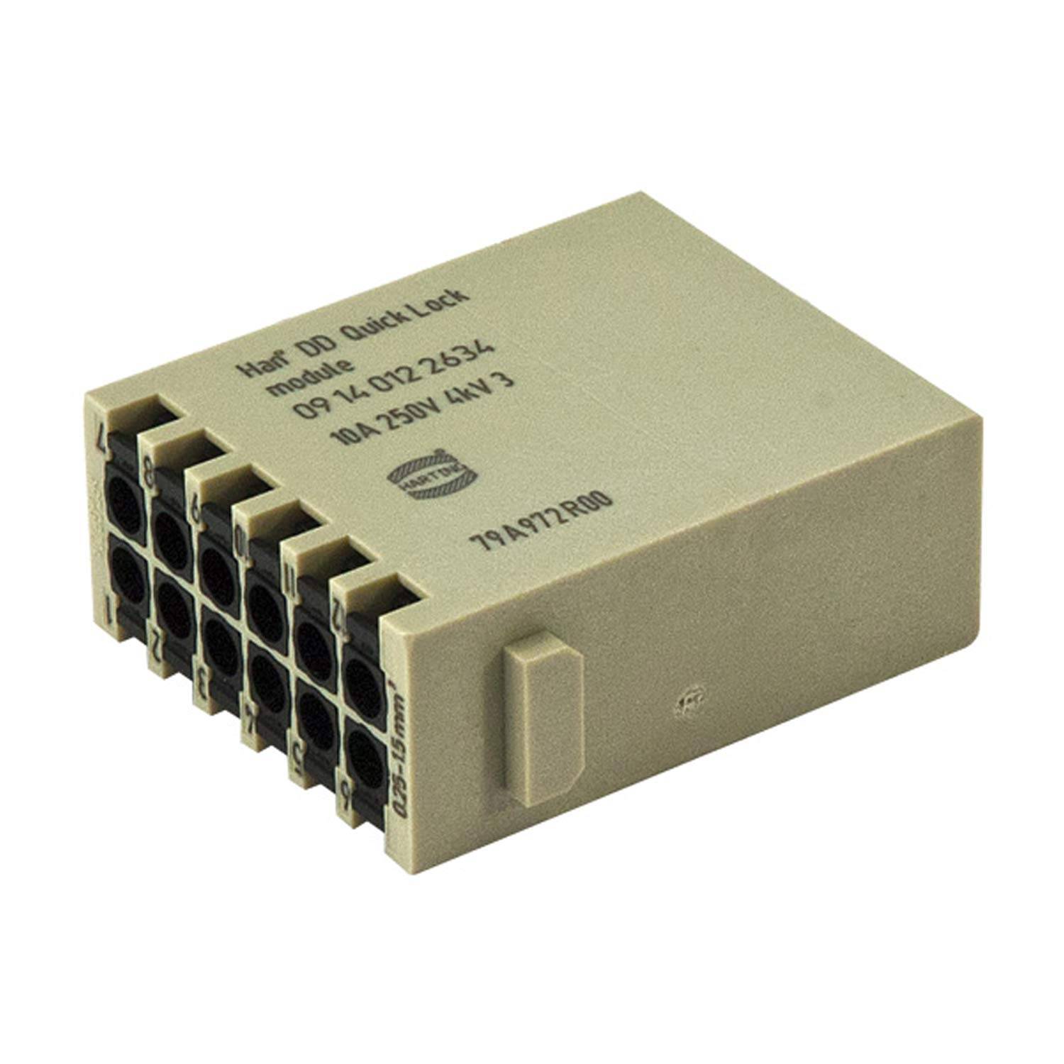 "81B DB Quick Lock-Modul, 09-14 022 2334, 10A 250V, 14V/3, 794172200" Text auf beigefarbenem elektrischen Bauteil mit Steckplätzen.