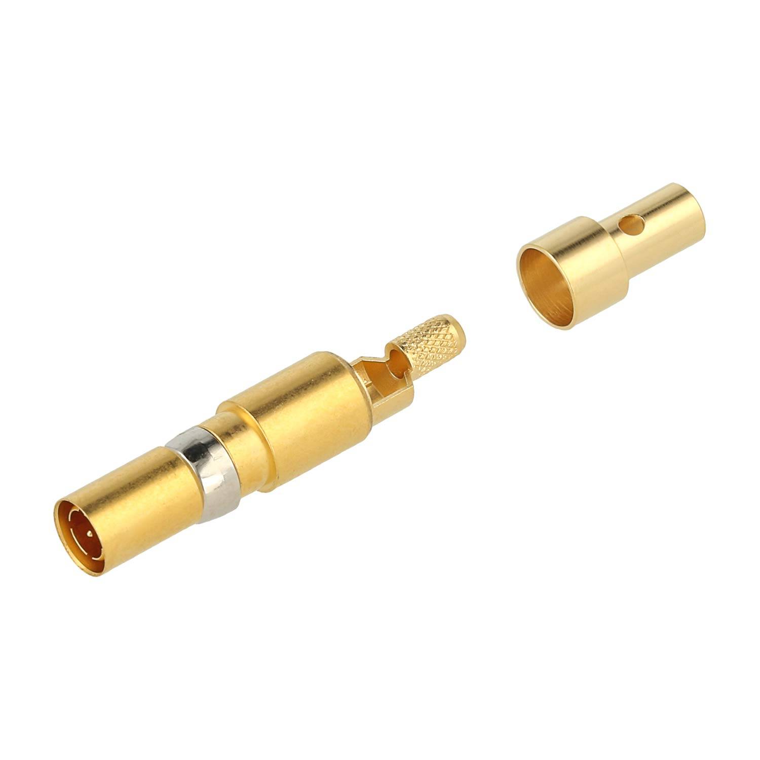 Vergoldeter koaxialer Stecker mit abnehmbarer Kappe, zeigt interne Teile, verwendet für präzise elektronische Verbindungen und Signalübertragung.
