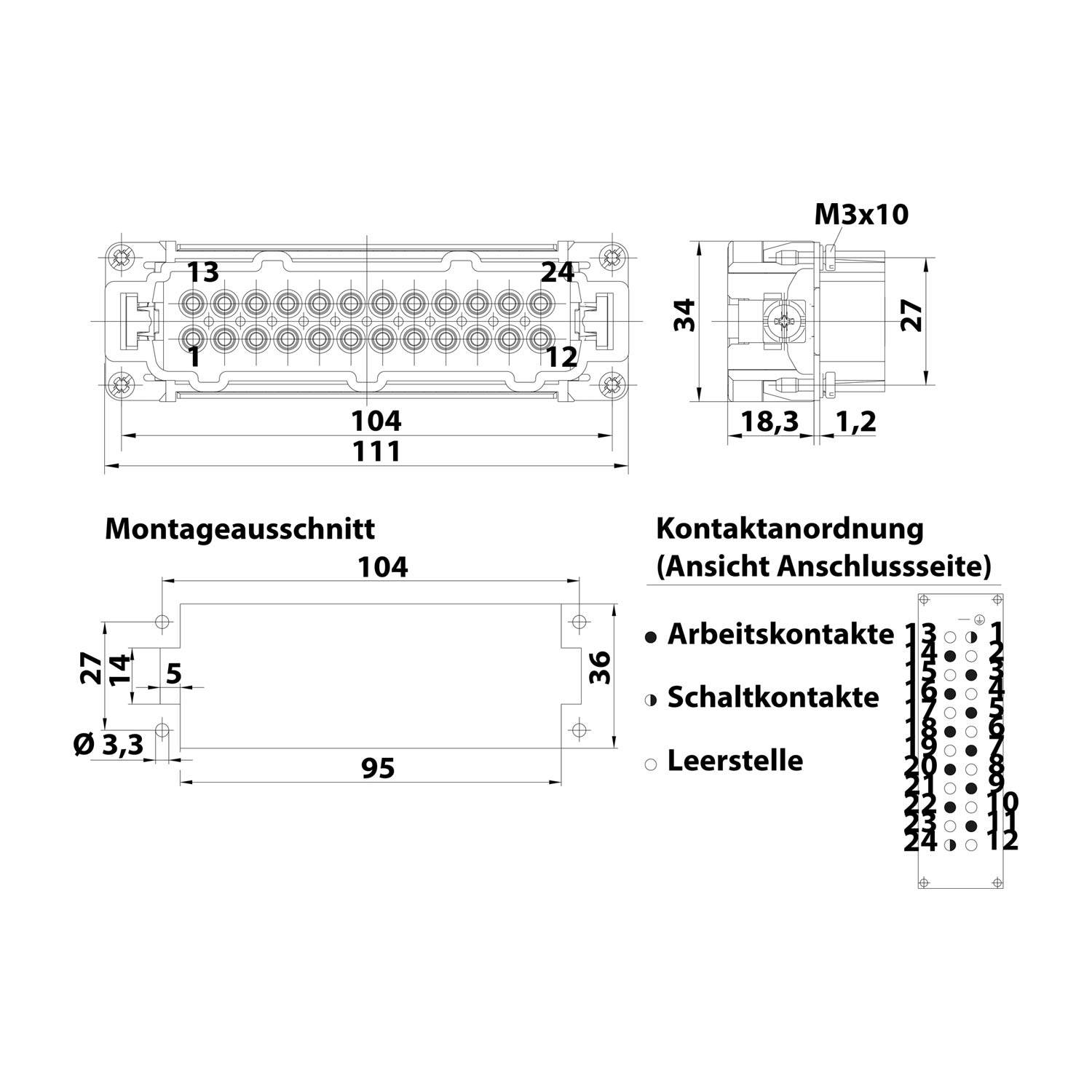 HARTING Han 10HvE mit 2 Schaltkontakte Stifteinsatz (M) Crimpanschluss, 12-polig 10/2+PE 830V - 500V Steuerkontakt, 16A