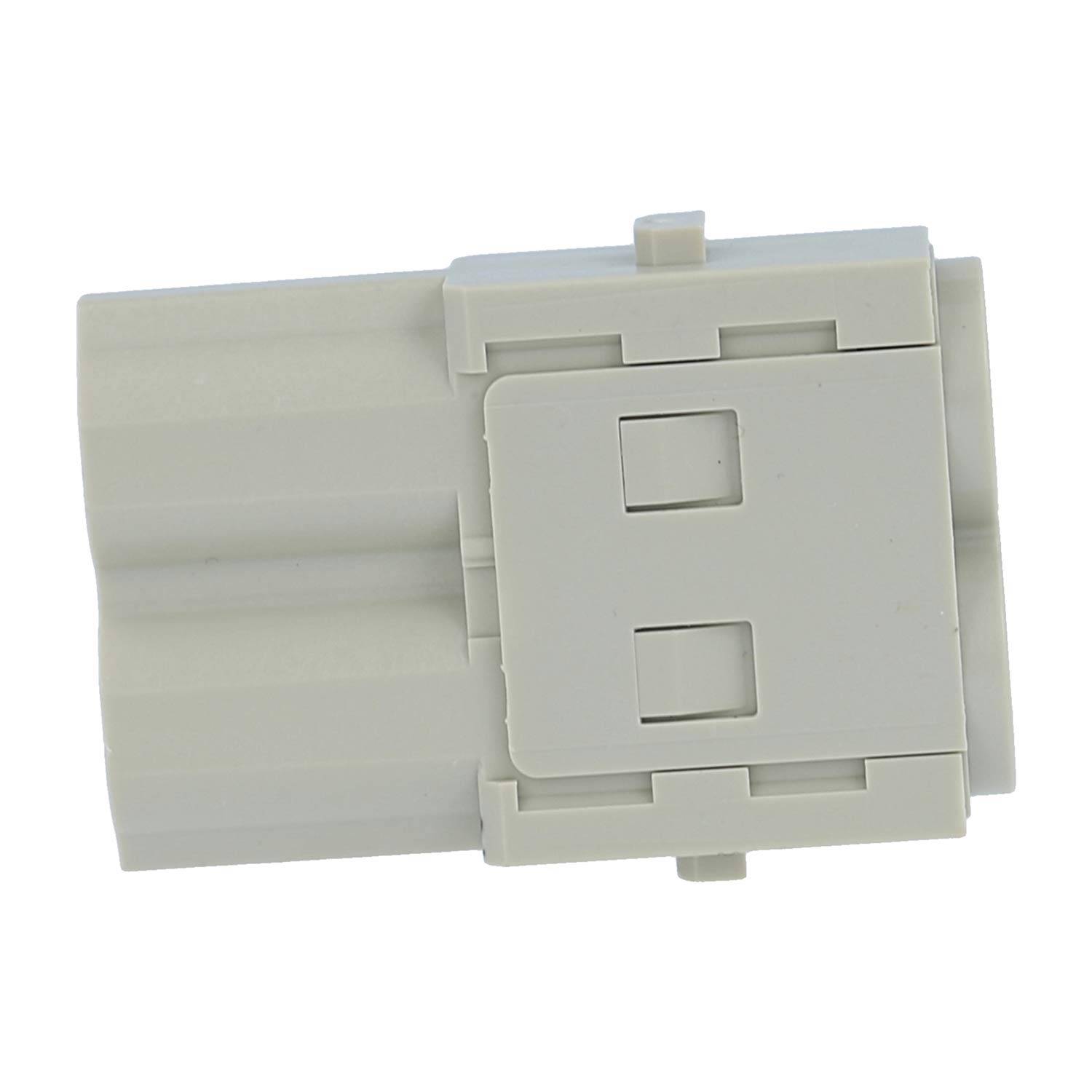 Ein weißer, rechteckiger Kunststoff-Elektronikstecker mit mehreren Stiften und Schlitzen, der für elektrische Verbindungen verwendet wird.
