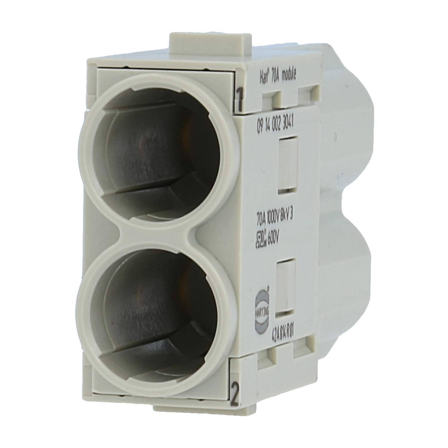 Ein weißer Elektrostecker mit zwei kreisförmigen Anschlüssen, konzipiert zum sicheren Befestigen von Drähten.
