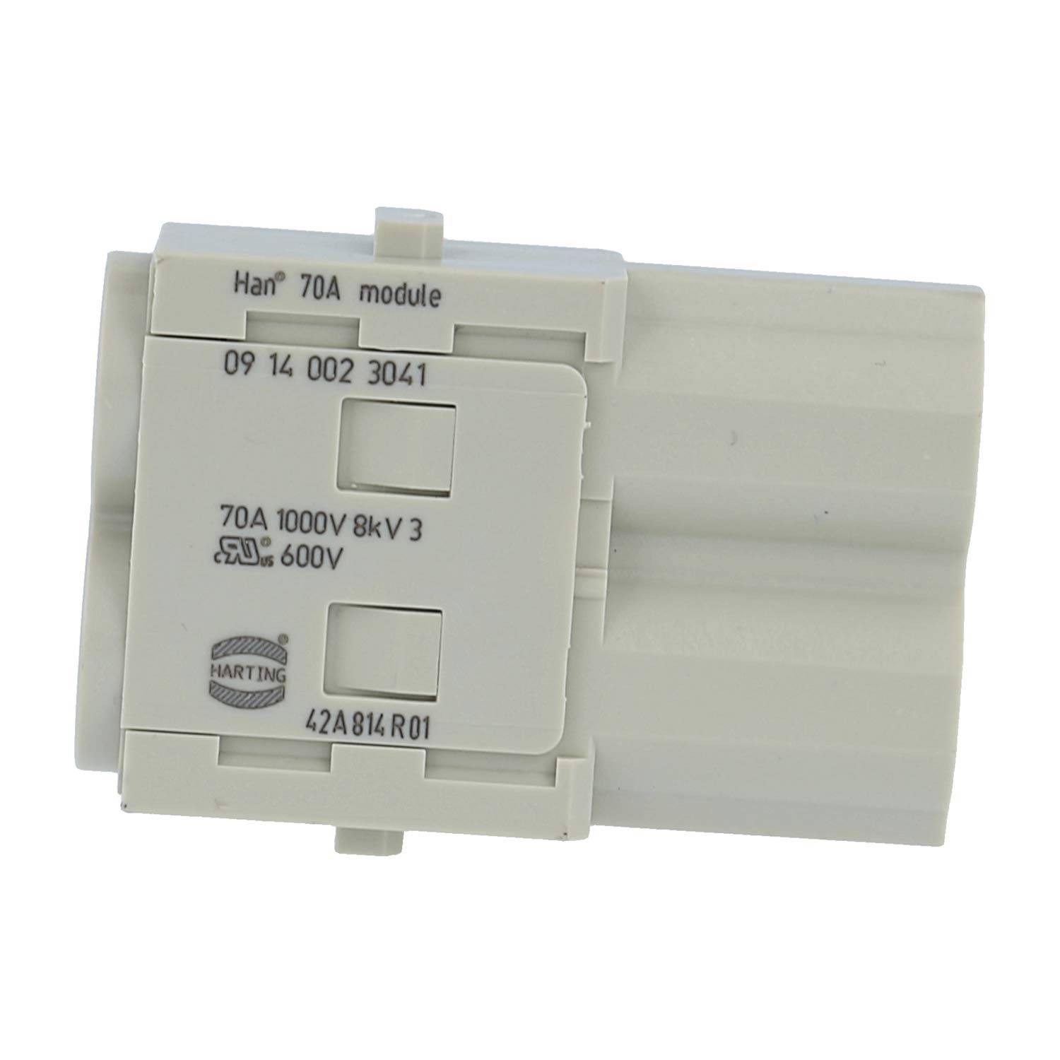 Ein graues Elektromodul mit der Bezeichnung „Han 70A 1000V 8kV 3" mit technischen Spezifikationen.