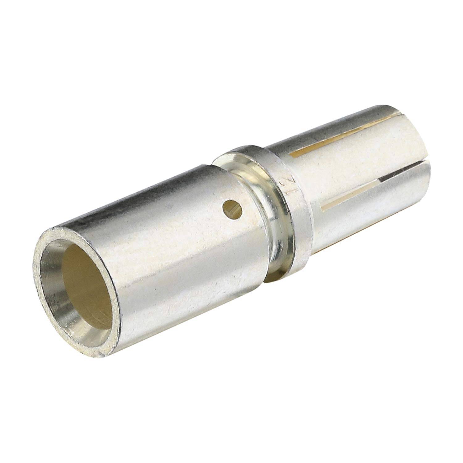 Ein metallischer zylindrischer elektrischer Steckverbinder mit einem kleinen Loch in der Nähe eines Endes, das zum Verbinden von leitfähigen Pfaden in elektronischen Geräten verwendet wird.